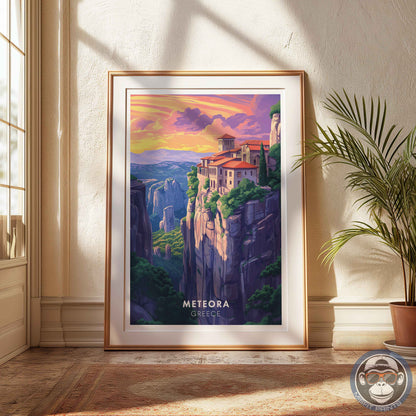Meteora Greece Poster – Monastery Wall Art, Mountain Travel Print, European Landscape Decor