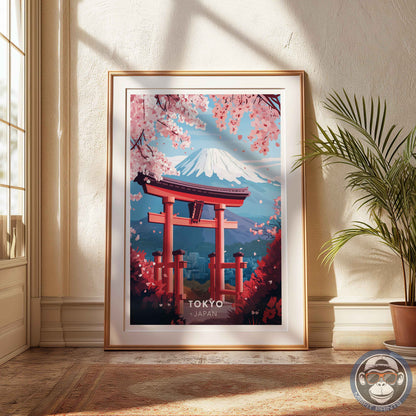 Tokyo Poster – Japan Travel Wall Art, Mount Fuji Print, Torii Gate and Cherry Blossom Decor