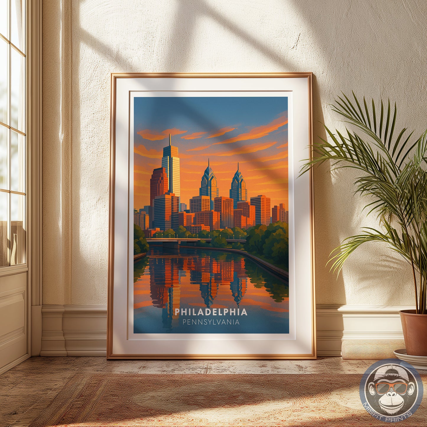 Philadelphia Skyline Travel Poster - Colorful Illustration with Sunset & River Reflections - Gift for Travelers