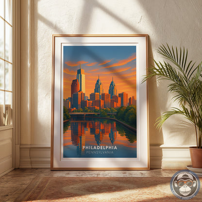 Philadelphia Skyline Travel Poster - Colorful Illustration with Sunset & River Reflections - Gift for Travelers
