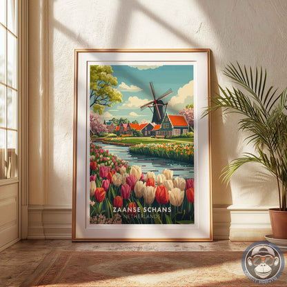 Zaanse Schans Poster – Netherlands Travel Wall Art, Windmill and Tulip Field Print