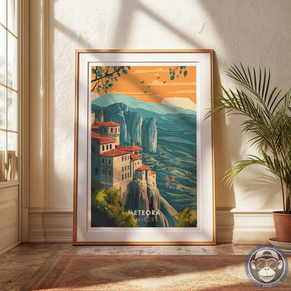Meteora Greece Poster – Monastery Wall Art, European Travel Print, Mountain Landscape Decor
