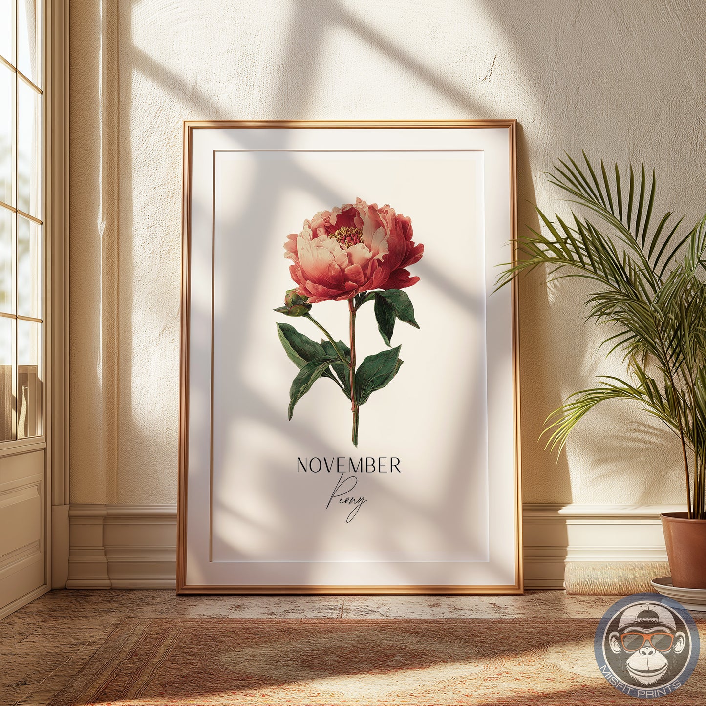 November Birth Flower Art Print – Peony Botanical Illustration Poster