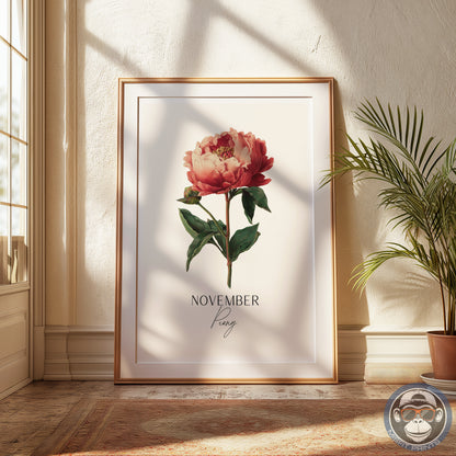 November Birth Flower Art Print – Peony Botanical Illustration Poster