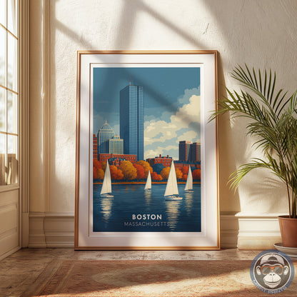 Boston Massachusetts Poster | Charles River Sailboat Art Print | Modern Travel Poster of Boston Skyline | Coastal Wall Art
