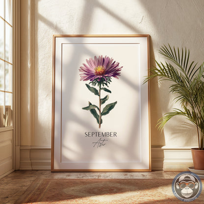 September Birth Flower Print – Aster Botanical Wall Art – Vintage Floral Birthday Gift