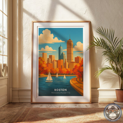 Boston Travel Poster - Sailboats on Charles River - Skyline Art Print