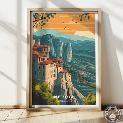 Meteora Greece Travel Poster: Vintage Mountain Art Print