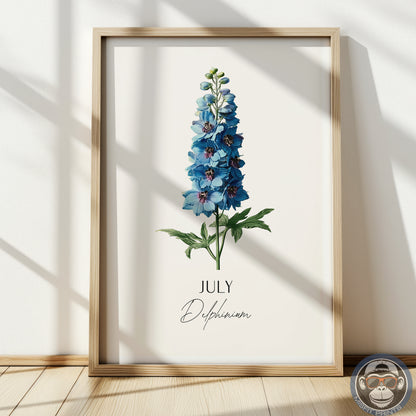 July Birth Flower Poster – Delphinium Art Print – Vintage Botanical Birthday Gift