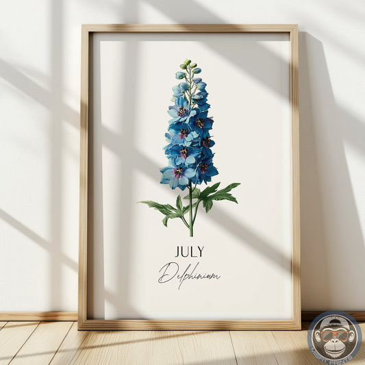 July Birth Flower Poster – Delphinium Art Print – Vintage Botanical Birthday Gift