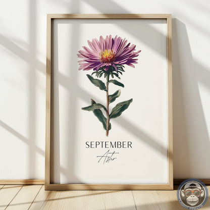 September Birth Flower Print – Aster Botanical Wall Art – Vintage Floral Birthday Gift