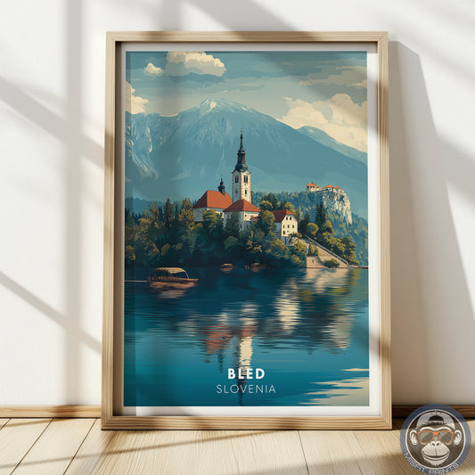 Lake Bled Slovenia Wall Art | European Travel Poster, Alpine Landscape Print, Castle and Church Scenic Decor