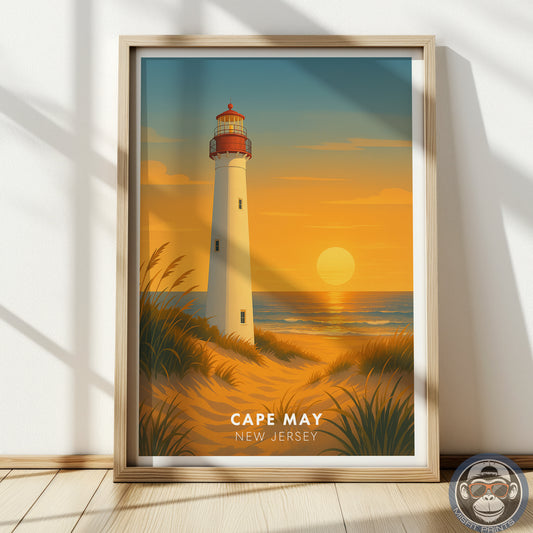 Cape May Lighthouse Poster – New Jersey Coastal Wall Art – Minimalist Travel Print – Beach Sunset Home Decor