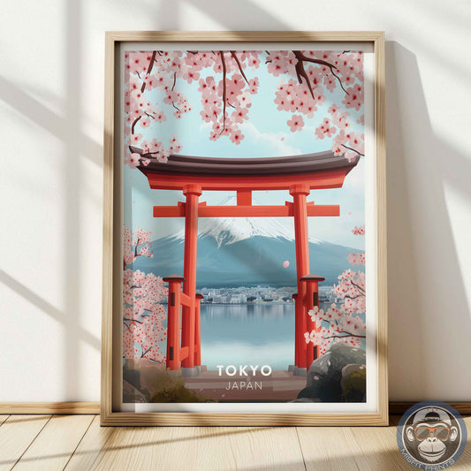 Tokyo Poster – Japan Travel Wall Art, Mount Fuji Print, Torii Gate and Cherry Blossom Decor