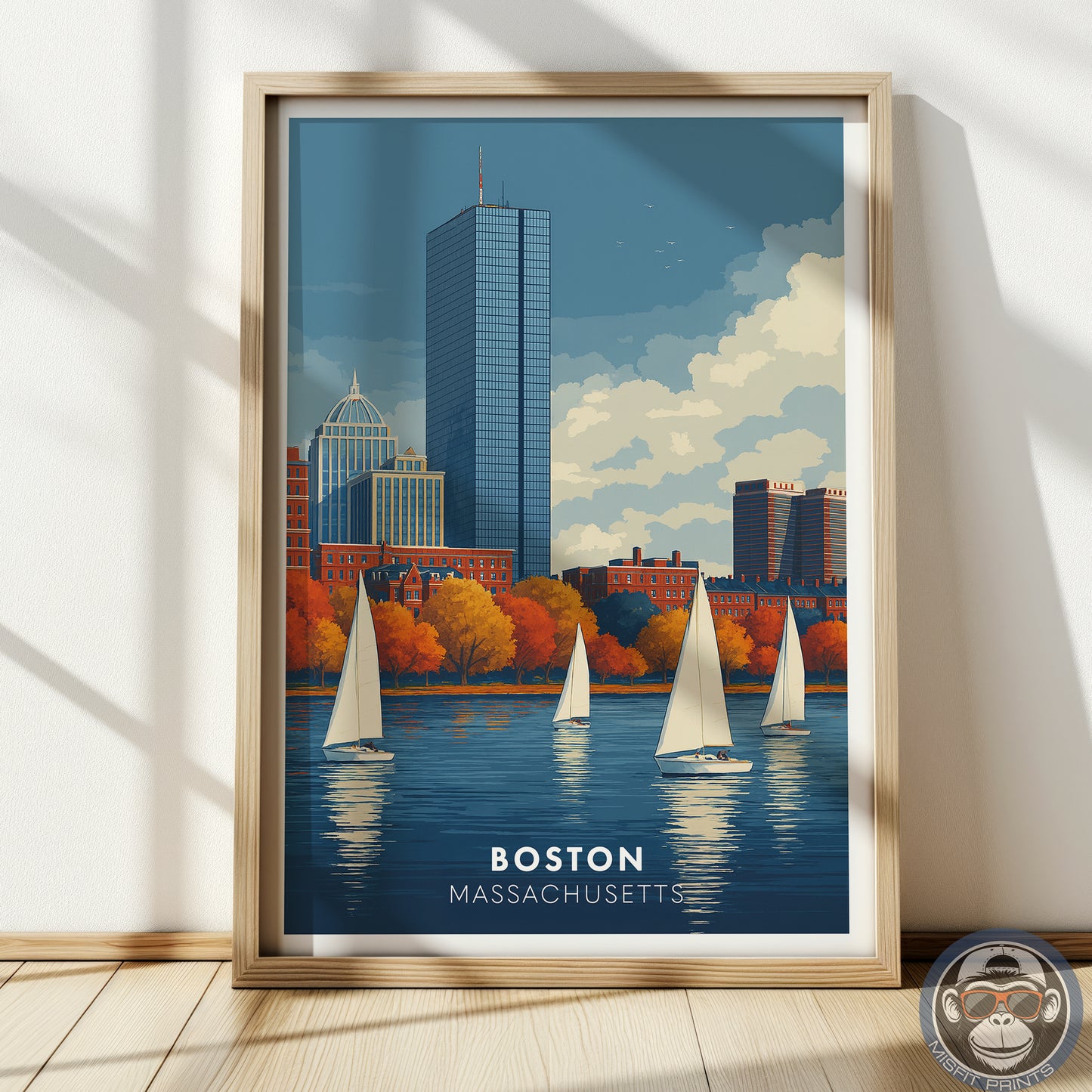 Boston Massachusetts Poster | Charles River Sailboat Art Print | Modern Travel Poster of Boston Skyline | Coastal Wall Art