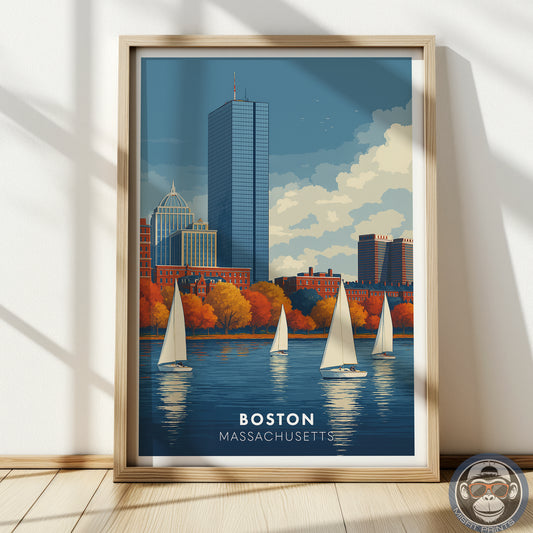 Boston Massachusetts Poster | Charles River Sailboat Art Print | Modern Travel Poster of Boston Skyline | Coastal Wall Art