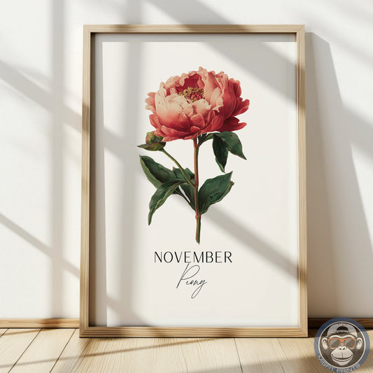 November Birth Flower Art Print – Peony Botanical Illustration Poster