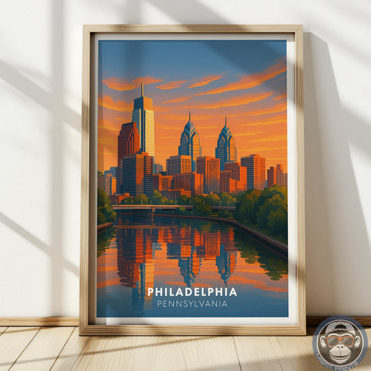 Philadelphia Skyline Travel Poster - Colorful Illustration with Sunset & River Reflections - Gift for Travelers