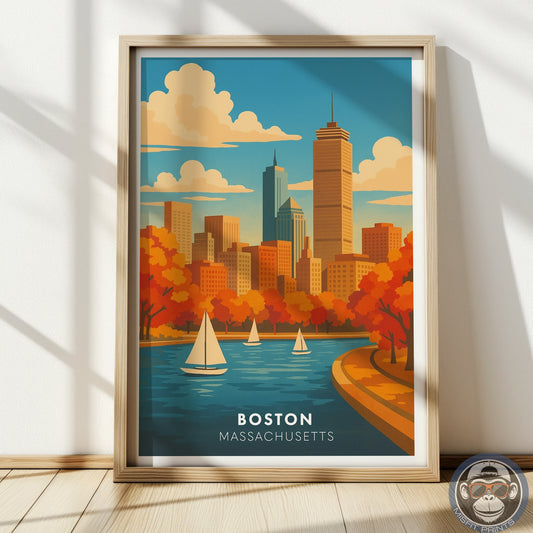 Boston Travel Poster - Sailboats on Charles River - Skyline Art Print