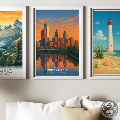 Philadelphia Skyline Travel Poster - Colorful Illustration with Sunset & River Reflections - Gift for Travelers