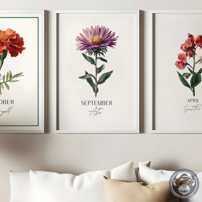 September Birth Flower Print – Aster Botanical Wall Art – Vintage Floral Birthday Gift