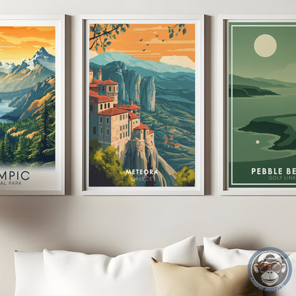 Meteora Greece Travel Poster: Vintage Mountain Art Print