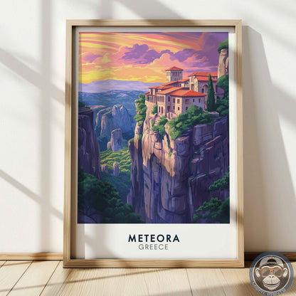 Meteora Greece Poster – Monastery Wall Art, Mountain Travel Print, European Landscape Decor
