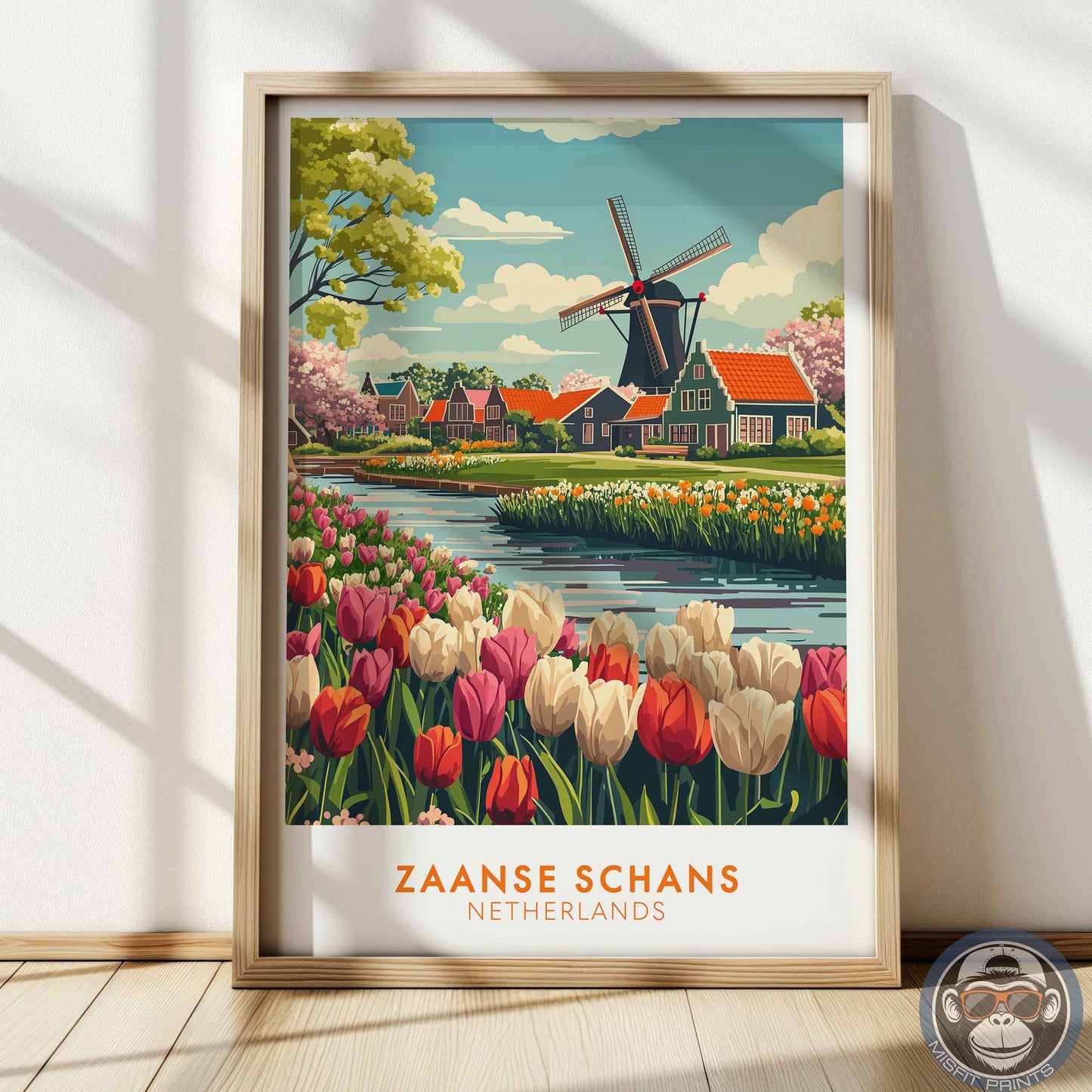 Zaanse Schans Poster – Netherlands Travel Wall Art, Windmill and Tulip Field Print