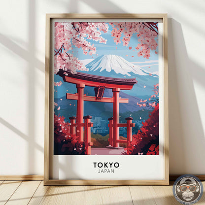 Tokyo Poster – Japan Travel Wall Art, Mount Fuji Print, Torii Gate and Cherry Blossom Decor