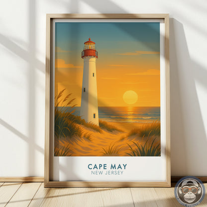 Cape May Lighthouse Poster – New Jersey Coastal Wall Art – Minimalist Travel Print – Beach Sunset Home Decor