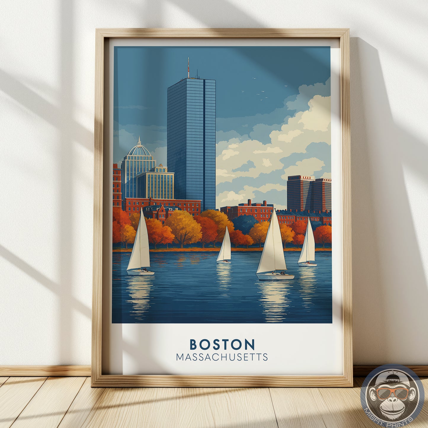 Boston Massachusetts Poster | Charles River Sailboat Art Print | Modern Travel Poster of Boston Skyline | Coastal Wall Art