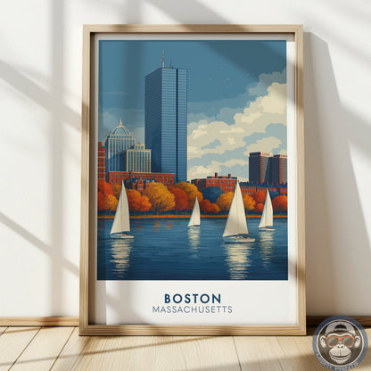 Boston Massachusetts Poster | Charles River Sailboat Art Print | Modern Travel Poster of Boston Skyline | Coastal Wall Art