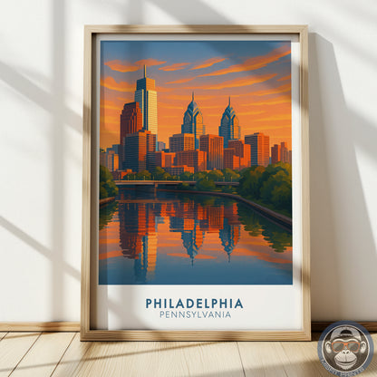 Philadelphia Skyline Travel Poster - Colorful Illustration with Sunset & River Reflections - Gift for Travelers