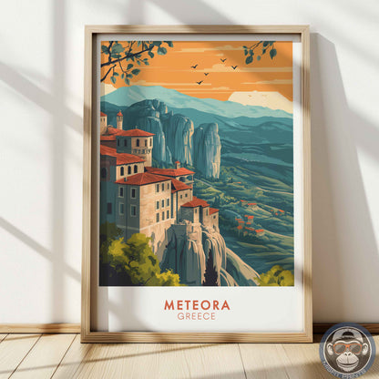 Meteora Greece Poster – Monastery Wall Art, European Travel Print, Mountain Landscape Decor
