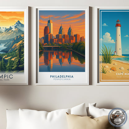 Philadelphia Skyline Travel Poster - Colorful Illustration with Sunset & River Reflections - Gift for Travelers