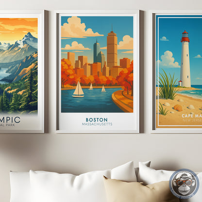 Boston Travel Poster - Sailboats on Charles River - Skyline Art Print