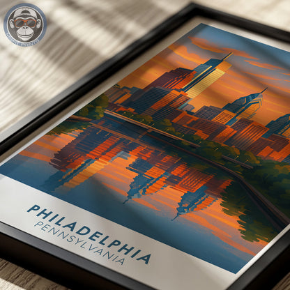 Philadelphia Skyline Travel Poster - Colorful Illustration with Sunset & River Reflections - Gift for Travelers