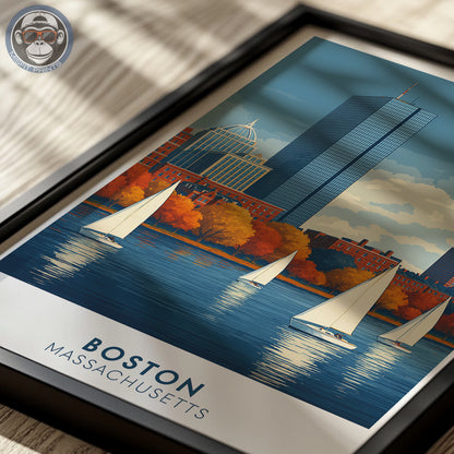 Boston Massachusetts Poster | Charles River Sailboat Art Print | Modern Travel Poster of Boston Skyline | Coastal Wall Art