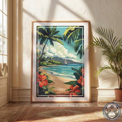 Lanai Maui Hawaii Poster | Tropical Beach Wall Art, Hawaiian Travel Print, Palm Tree Coastal Decor, Retro Island Illustration