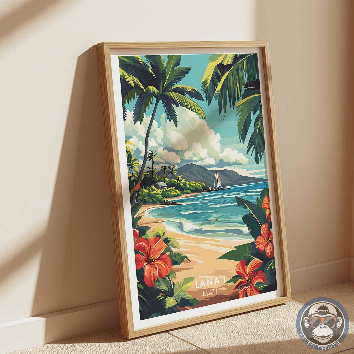 Lanai Maui Hawaii Poster | Tropical Beach Wall Art, Hawaiian Travel Print, Palm Tree Coastal Decor, Retro Island Illustration