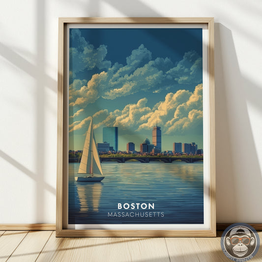Boston Massachusetts Poster | Charles River Sailboat Art Print | Modern Travel Poster of Boston Skyline | Coastal Wall Art