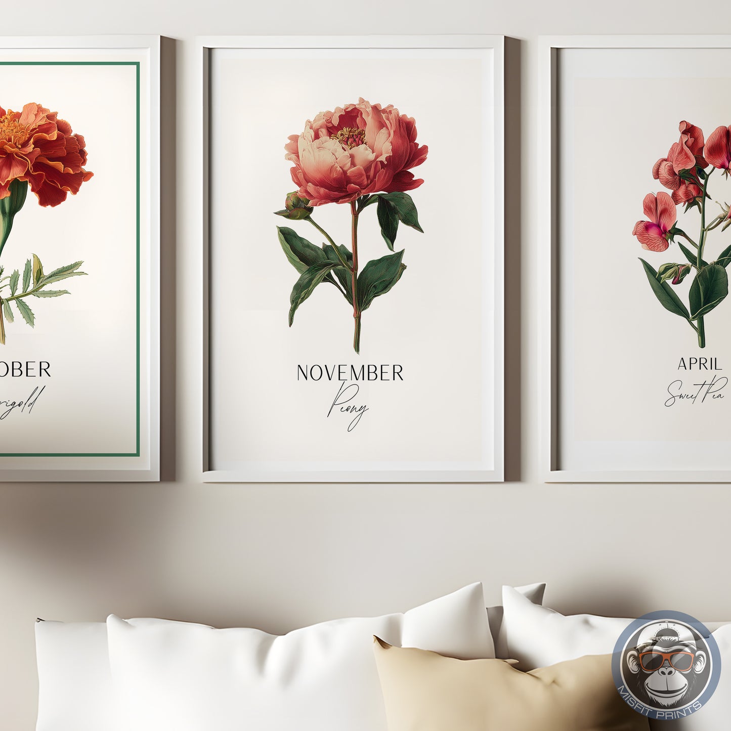 November Birth Flower Art Print – Peony Botanical Illustration Poster