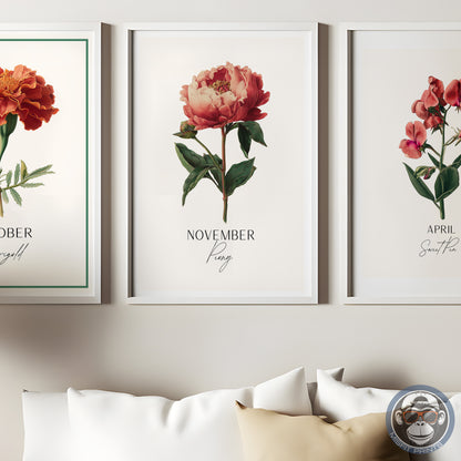 November Birth Flower Art Print – Peony Botanical Illustration Poster