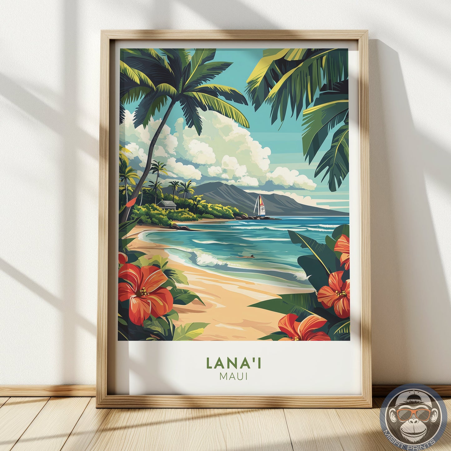 Lanai Maui Hawaii Poster | Tropical Beach Wall Art, Hawaiian Travel Print, Palm Tree Coastal Decor, Retro Island Illustration