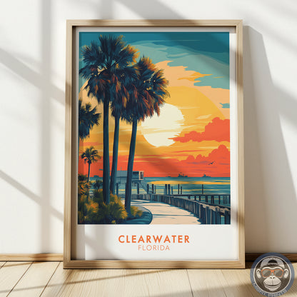 Clearwater Florida Poster | Beach Sunset Wall Art, Tropical Coastal Print, Palm Tree Illustration, Ocean Travel Decor