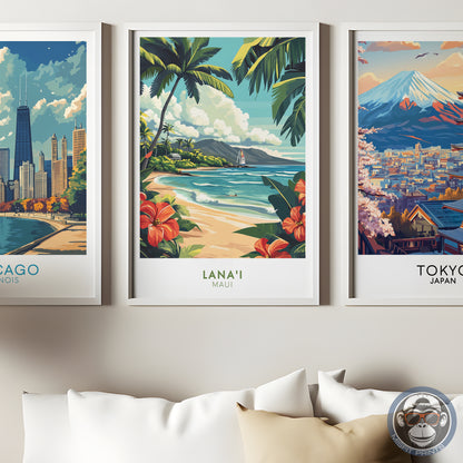 Lanai Maui Hawaii Poster | Tropical Beach Wall Art, Hawaiian Travel Print, Palm Tree Coastal Decor, Retro Island Illustration