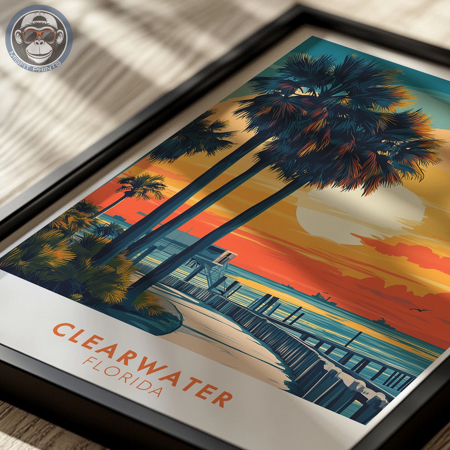 Clearwater Florida Poster | Beach Sunset Wall Art, Tropical Coastal Print, Palm Tree Illustration, Ocean Travel Decor