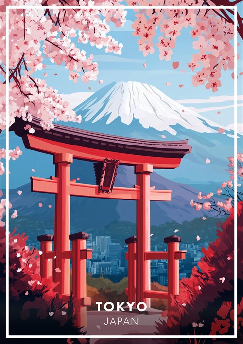 Tokyo Poster Wall Art – Mount Fuji Print with Torii Gate & Cherry Blossoms, Japan Travel Decor