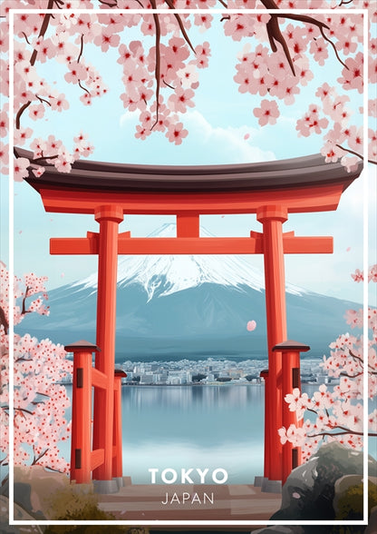 Tokyo Japan Poster Print – Mount Fuji, Torii Gate & Cherry Blossom Travel Wall Art Decor