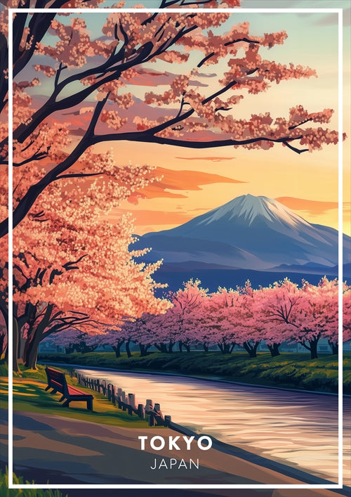 Tokyo Poster Wall Art – Japan Travel Print, Cherry Blossom Mount Fuji Landscape Decor